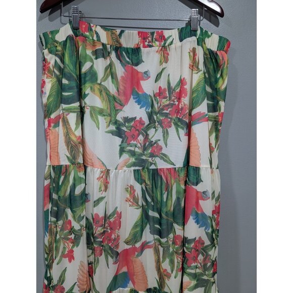 G by Guliana Printed Aria Mesh Tiered Maxi Skirt Green Tropical Parrot Sz 2X - Picture 7 of 15